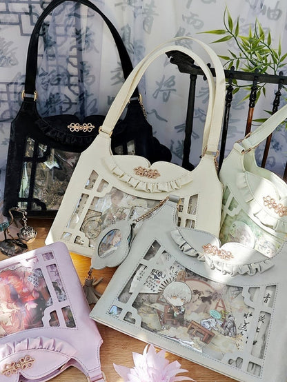 Black Bow Accents Cheongsam Style Ita Shoulder Bag with Free Charm