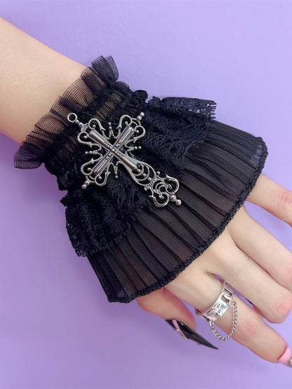 Black Gothic Cross Decorated Lace Trim Wrist Cuffs
