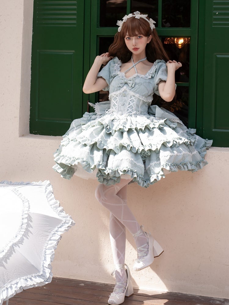 Green Corset Waist Dress Ruffle Skirt Princess Lolita OP with Big Bow at Back