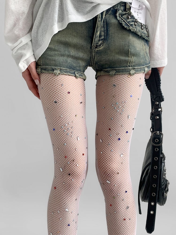 White/Brown Rhinestone Decorated Fishnet Tights