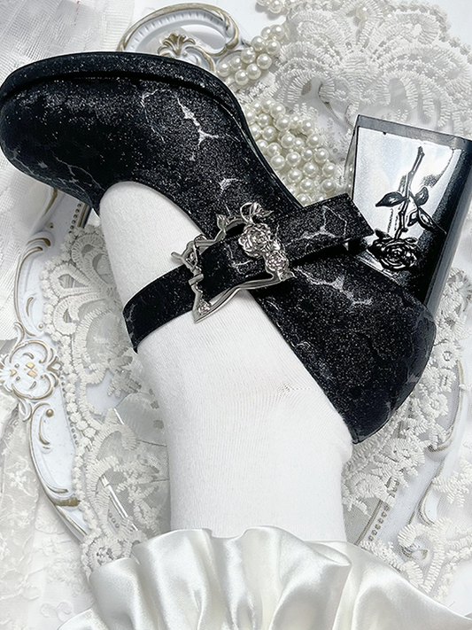 Black Butterfly Buckle 7cm Floral High Block Heel Hime Lolita Mary Janes