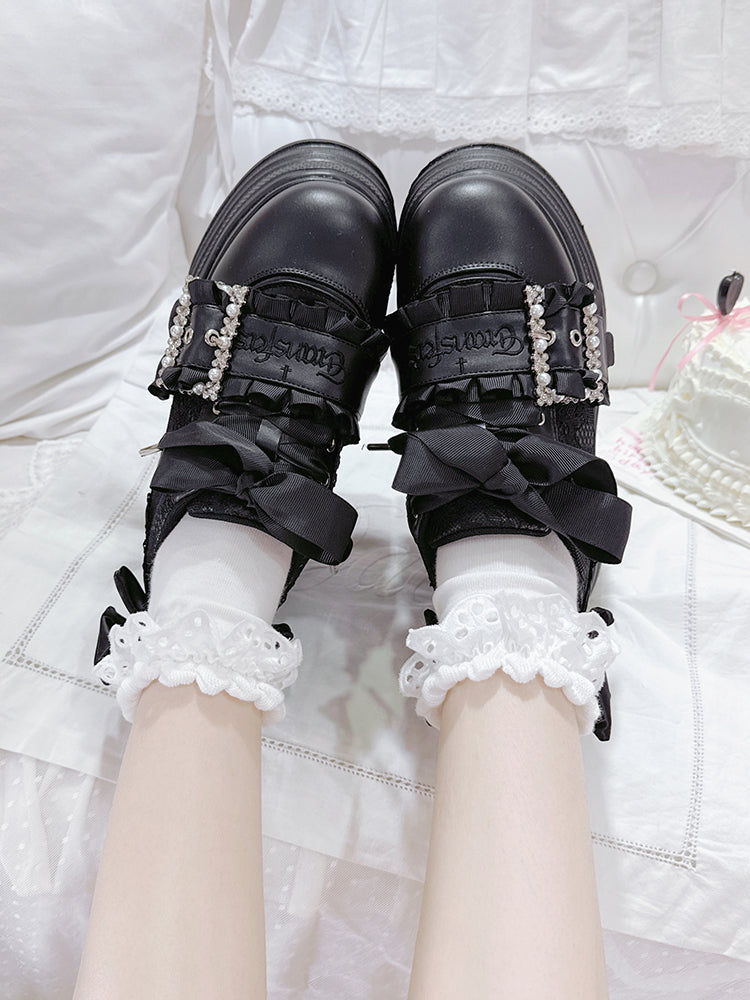 Black Bow Accents Beaded Buckle Design Jirai Kei Platforms Shoes