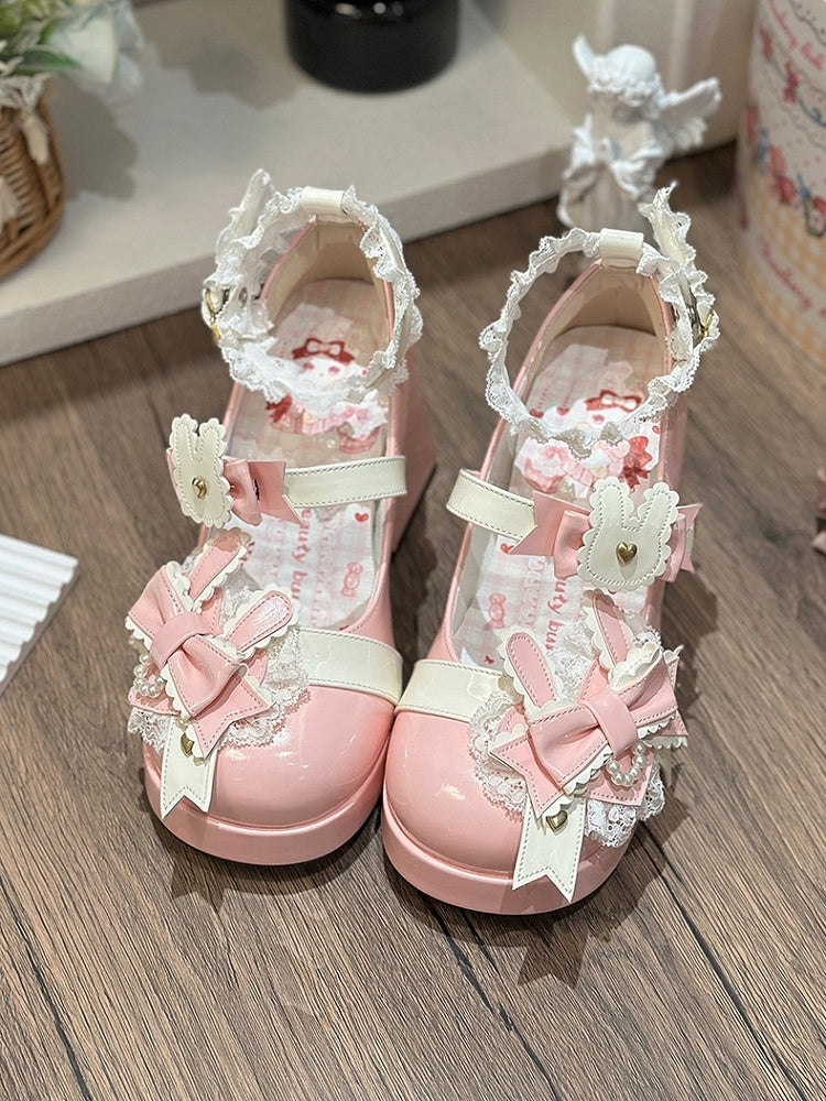 Polished Pink Sweet Lolita Bunny Decorated Bowknot Details Lace Trim Platform High Block Heels
