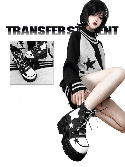 Star Appliques Punk Black Denim Platform Ankle Boots
