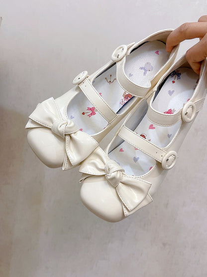 Bow Accents Sweet White Buckle Straps Shoes Princess Low Heels