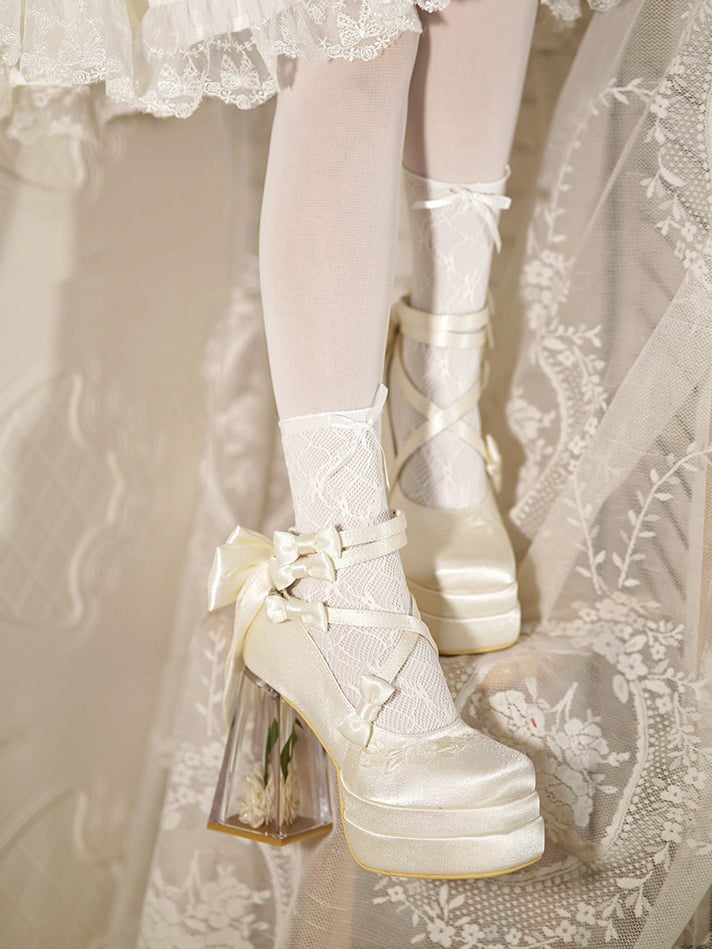 Creamy White Camellia Flower High Block Heel Elegant Platform High Heels