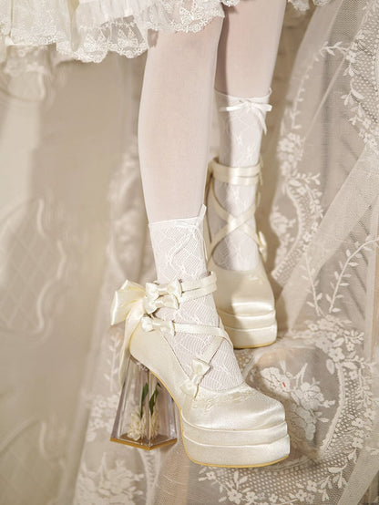 Creamy White Camellia Flower High Block Heel Elegant Platform High Heels