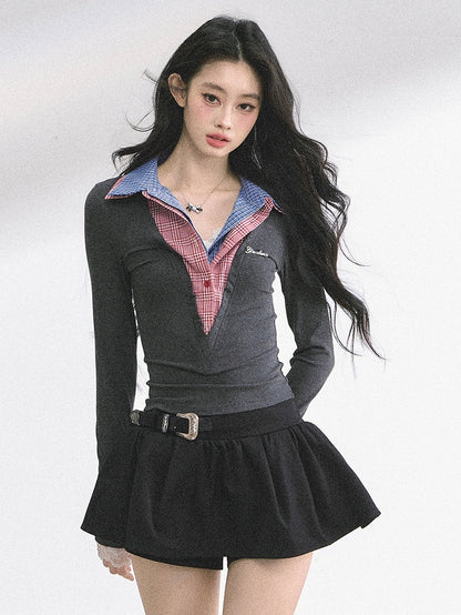 Red Plaid Collar Gray Slim-fitting Top Faux Two-pieces