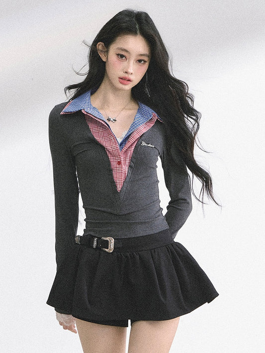 Red Plaid Collar Gray Slim-fitting Top Faux Two-pieces