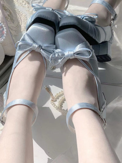 Blue Elegant Bow at Top Mary Janes With Dual Detachable Buckle Ankle Straps