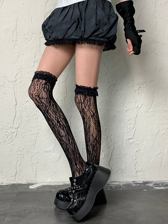 Black Gyaru Fashion Hollow-out Design Ruffled Cuff Overknee Stockings