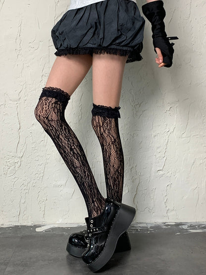 Black Gyaru Fashion Hollow-out Design Ruffled Cuff Overknee Stockings