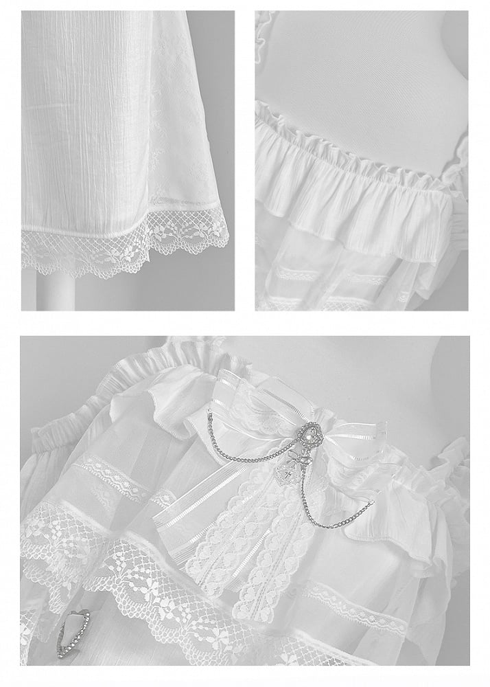 Jirai Kei White Off-the-shoulder Neckline Cape Design Dress with Chains Decorated Bowknot