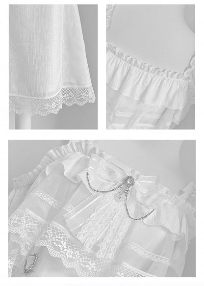 Jirai Kei White Off-the-shoulder Neckline Cape Design Dress with Chains Decorated Bowknot