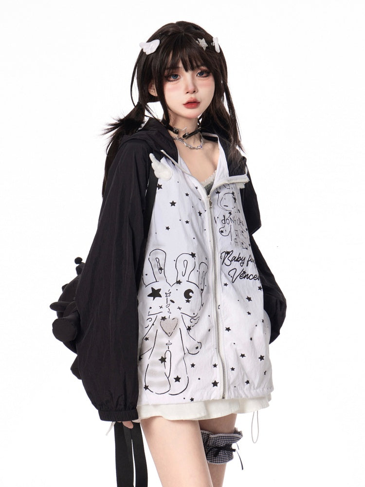 Kitty Ears Design Hood Cartoon Print Black/Green Colorblock Zip-up Jacket