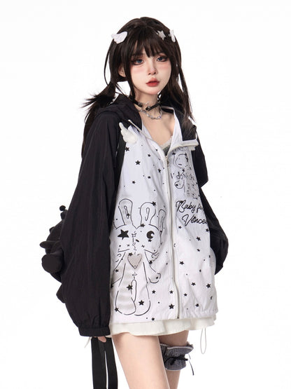 Kitty Ears Design Hood Cartoon Print Black/Green Colorblock Zip-up Jacket