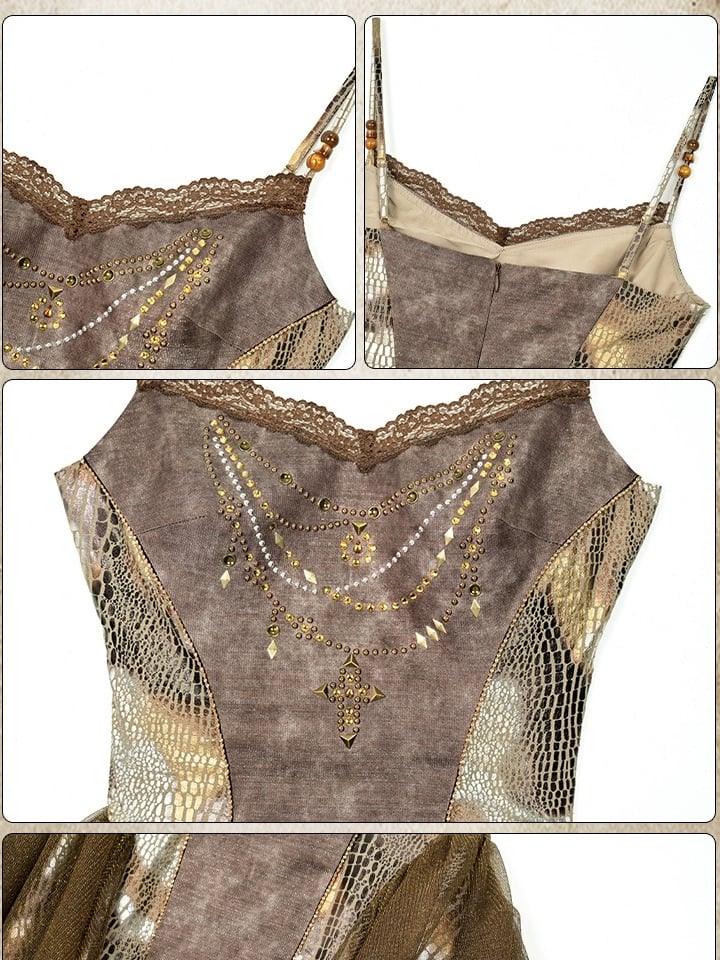 Brown Wasteland Punk Snakeskin Pattern Contrast Lace Patches Asymmetrical Hem Cami Top
