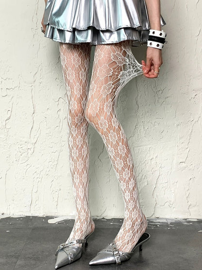 White Y2K Cut-out Design Floral Pattern Tights