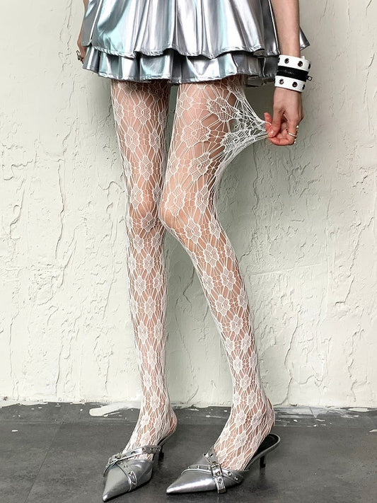 White Y2K Cut-out Design Floral Pattern Tights