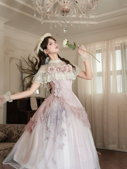Pink Illusion Neckline Elegant Classic Lolita Top + Floral Print Skirt + Beaded Necklace Set