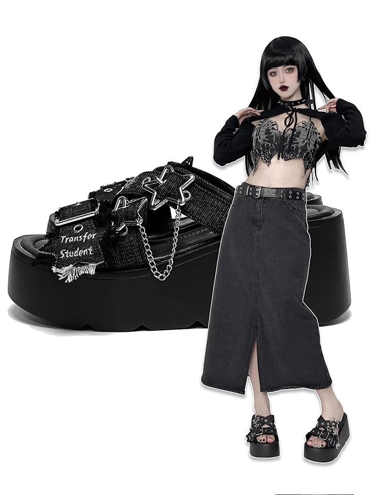 Star-shaped Buckles and Studs Black Denim Punk Platform Slippers