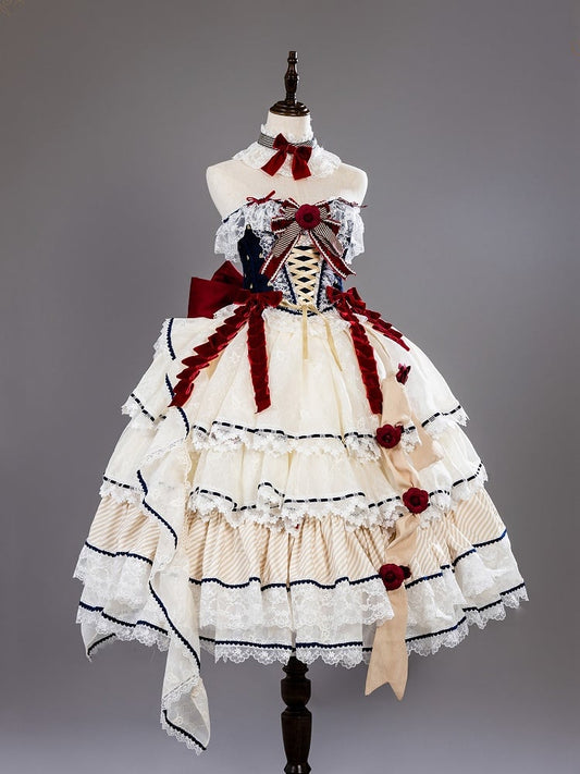 Snow White Vibes Hime Lolita Dark Blue and Red Boned Corset Top + Tiered Skirt