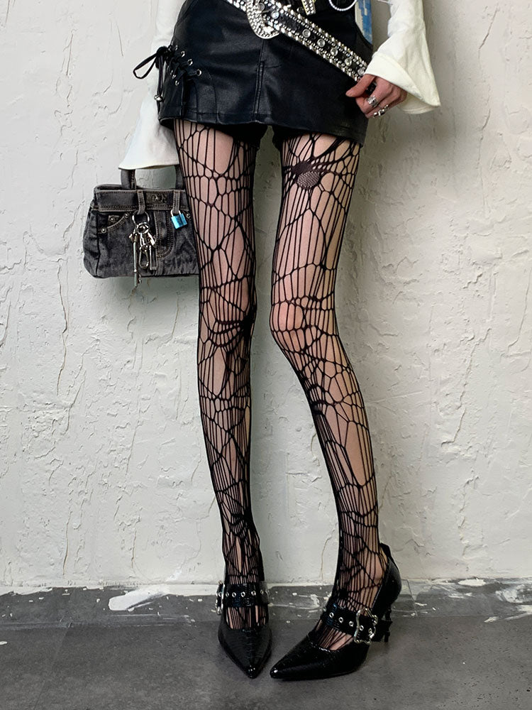 Black Spider Asymmetrical Design Hollow-out Tights