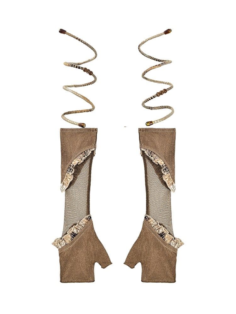 Brown Wasteland Punk Snakeskin Pattern Ruffles Trim Gloves