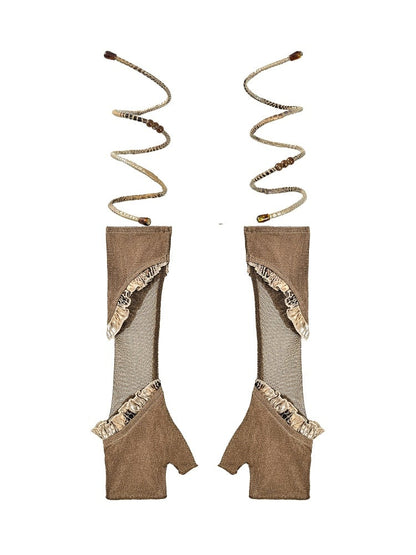 Brown Wasteland Punk Snakeskin Pattern Ruffles Trim Gloves