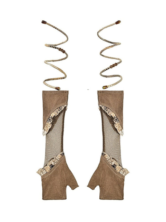 Brown Wasteland Punk Snakeskin Pattern Ruffles Trim Gloves