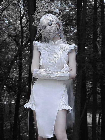 Silver Dragon Embroidery Cheongsam Style Goth Qipao Dress