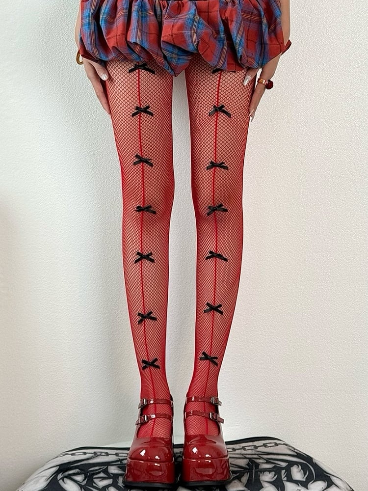 Blue/Black/Red/White Gyaru Fashion Bowknot Details Tights