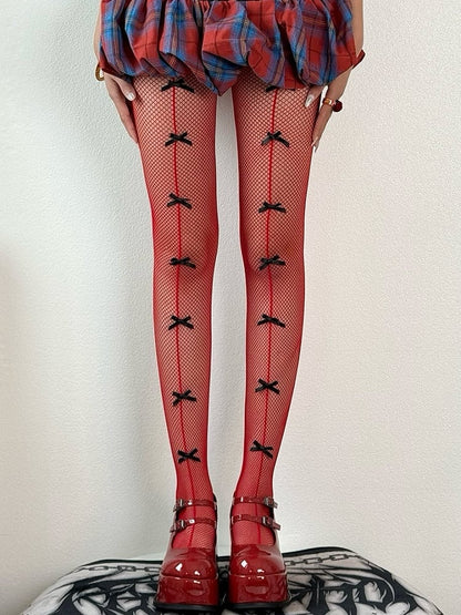 Blue/Black/Red/White Gyaru Fashion Bowknot Details Tights