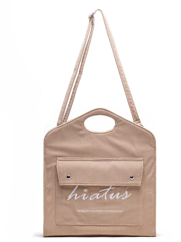 Brown Corduroy Tote Bag: Large Capacity & Lightweight With Embroidered Lettering