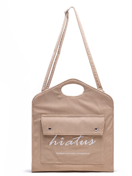 Brown Corduroy Tote Bag: Large Capacity & Lightweight With Embroidered Lettering