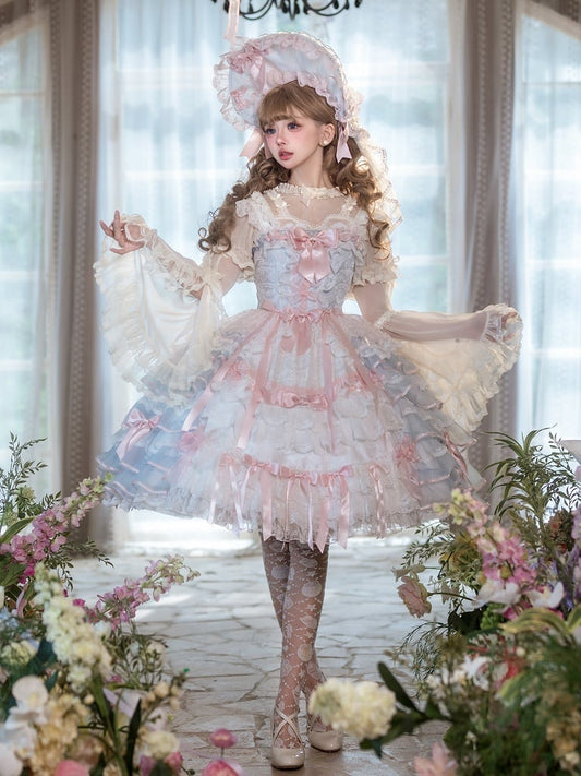Blue and Pink Bow Accents Tiered Skirt Hanayome Hime Lolita Jumper Skirt
