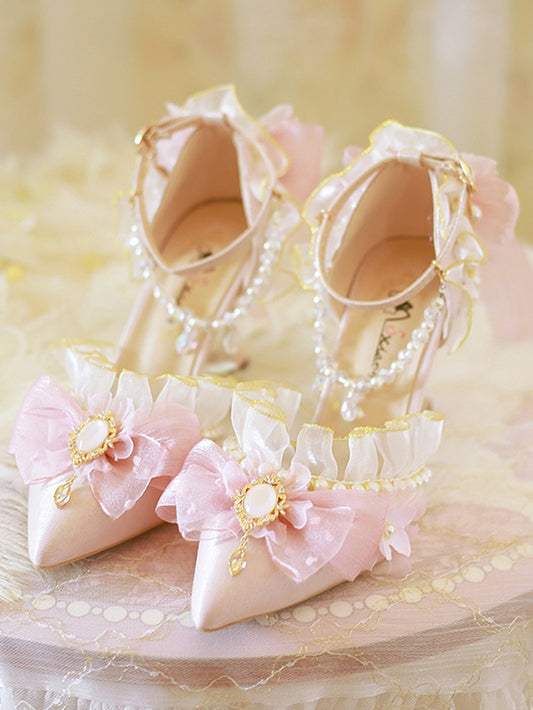Pink Butterfly and Bowknot Beaded Chain Hime Lolita 5CM/8CM Heels