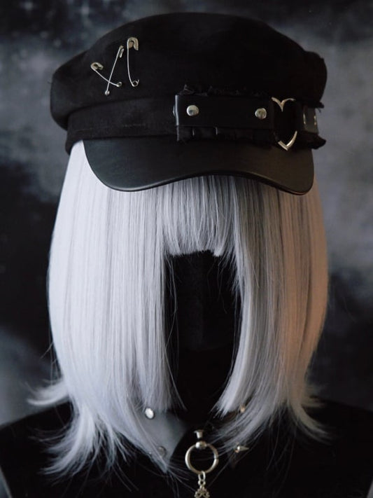 Black Gothic Pin Decorated Ruffled Trim Beret Hat