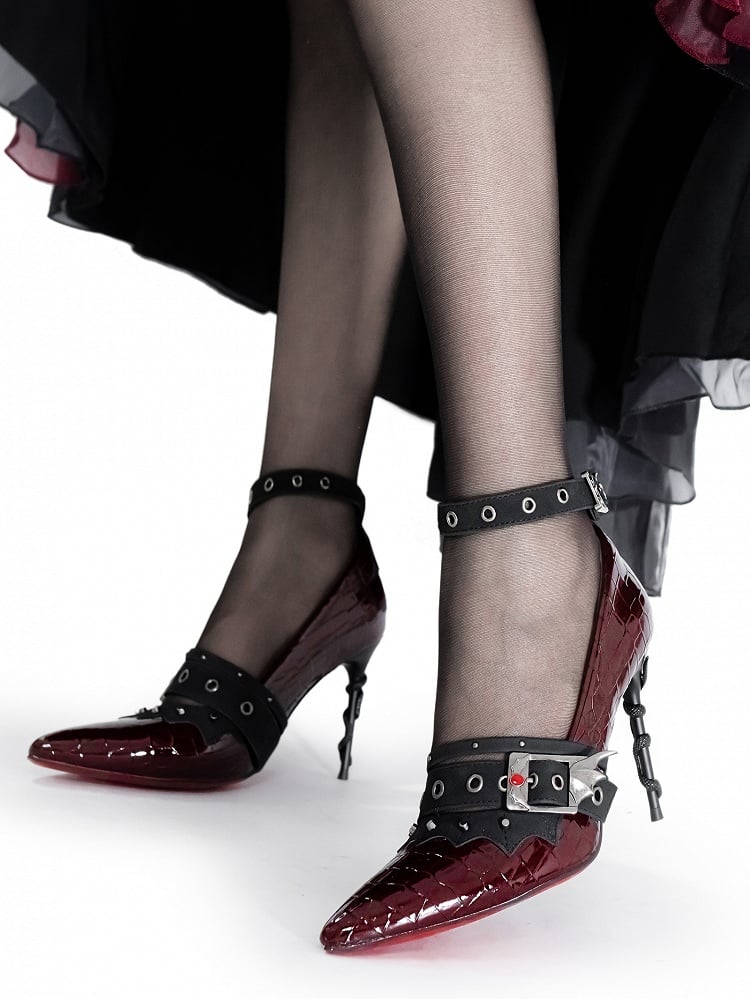 Polished Wine Red Gothic Bat Wings Buckle Pointed Toe Snake Design High Heels