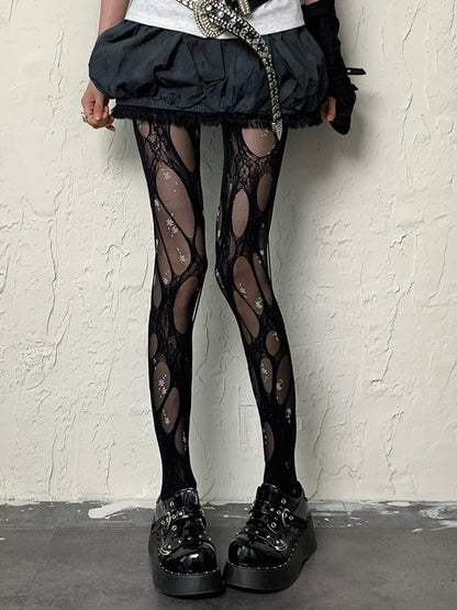 Black Y2K Floral Pattern Tights