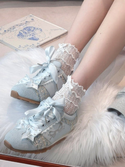 Blue Sequins Details Beaded Decorated Bowknot Sneakers