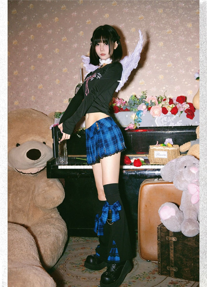 Punk Navy Blue Plaid Studs Detail Lace Trim Y2K Mini Pleated Skirt