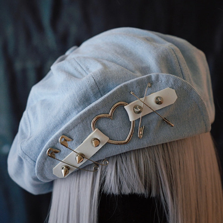 Handmade Light Blue Studs and Pins Denim Beret