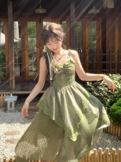 Green Handkerchief Hem Mori Kei Cami Dress with Self-tie Shoulder Straps