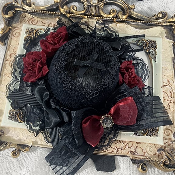 Gothic Elegant Floral Design Bowknots Mini Hat Black/Black and Red