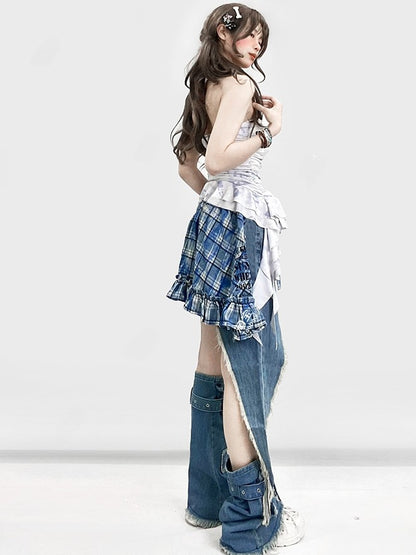 Blue Bittersweet Glamorous Set- Asymmetrical Hem Shorts + Plaid Pattern Star Print Skirt + Cross Applique Leg Warmers