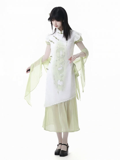 Green Apple Print Cheongsam Style Banded Collar Knot Buttons Qipao Dress