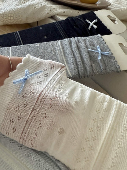 Black/White/Blue/Pink/Yellow/Grey Calf Socks With Bowknot Details