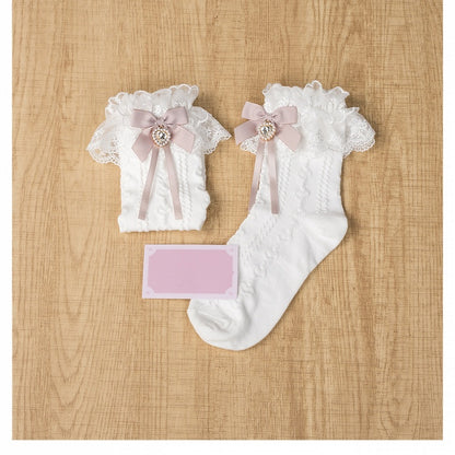 Jirai Kei Dusty Pink Bowknot and Heart Rhinestone Decoration Lace Cuffs White Cotton Ankle Socks