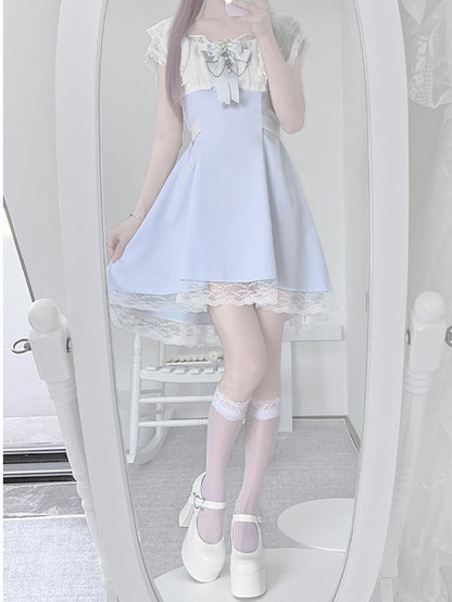 Jirai Kei Light Blue High Waist Lace Trim Dress with Chains Decorated Bowtie